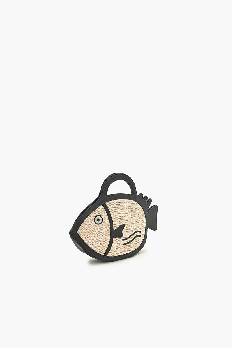 BLACK TRIM RAFFIA FISH HANDHELD CLUTCH