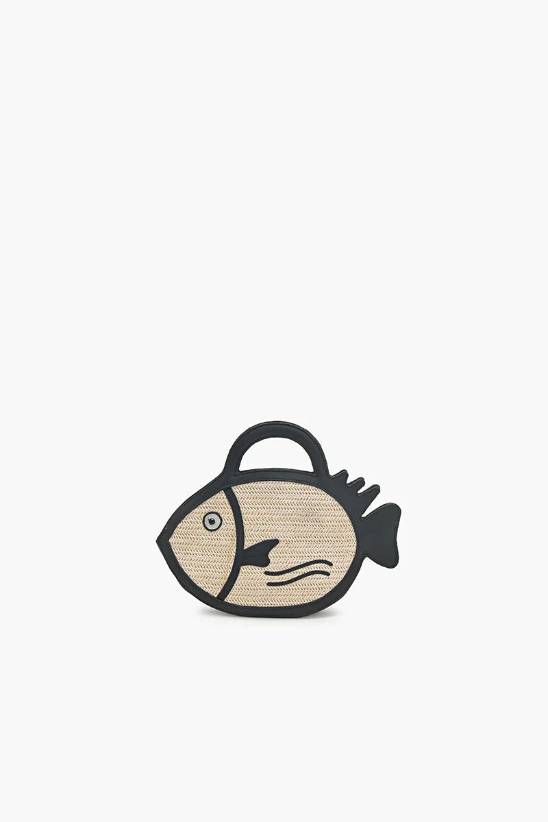 BLACK TRIM RAFFIA FISH HANDHELD CLUTCH