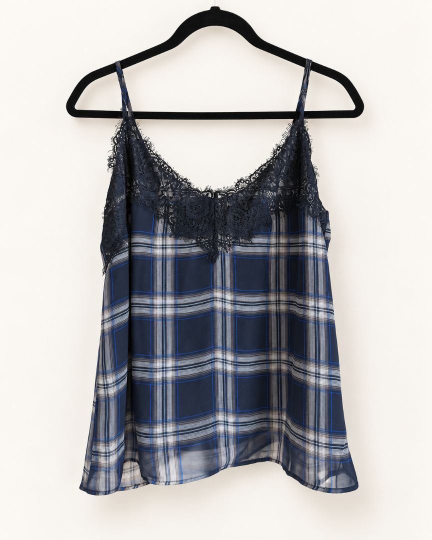 Navy Plaid Lace-Trim Camisole