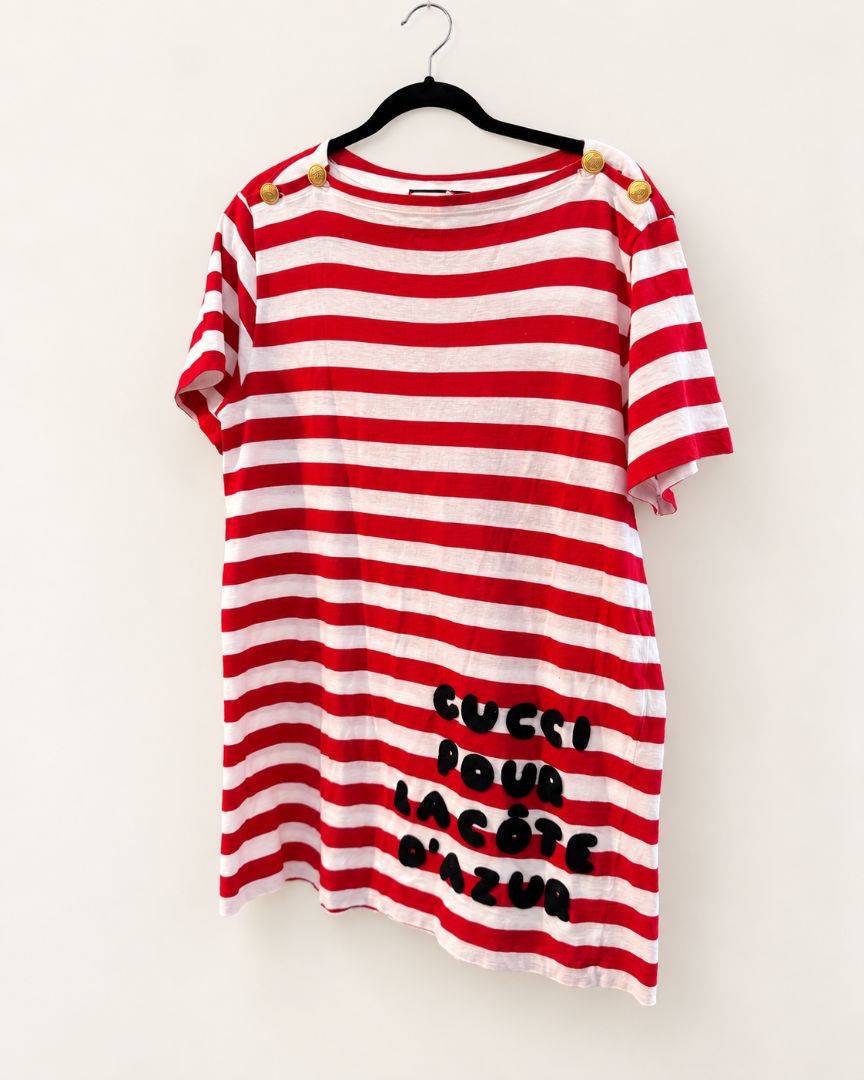 Gucci Red & White Striped Graphic Tee