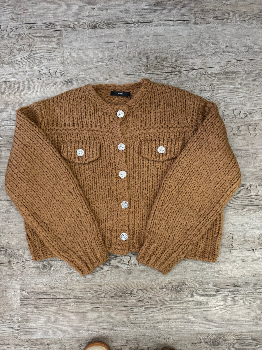 CAMEL CARDIGAN WITH SILVER BUTTON DETAIL