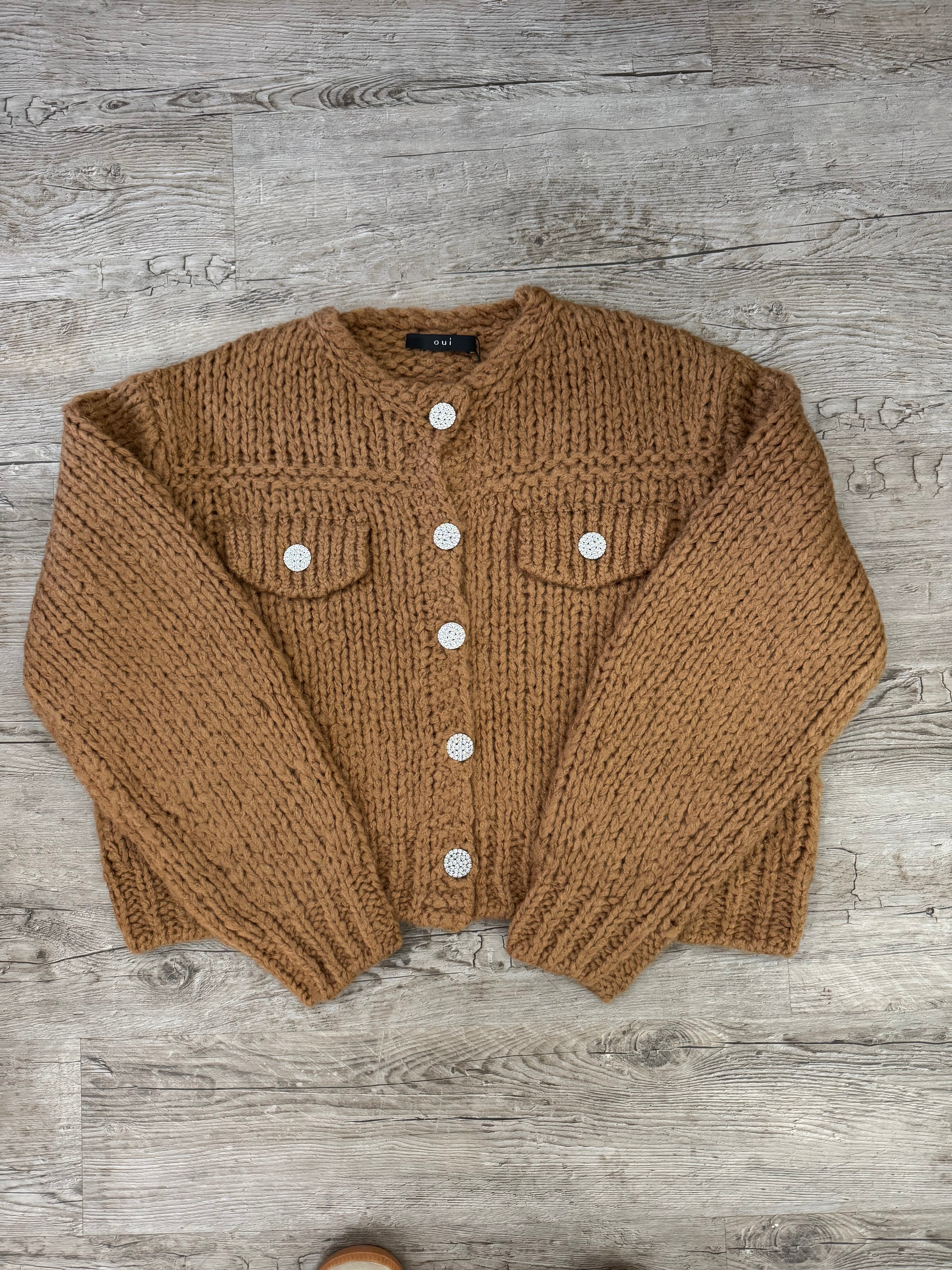 CAMEL CARDIGAN WITH SILVER BUTTON DETAIL