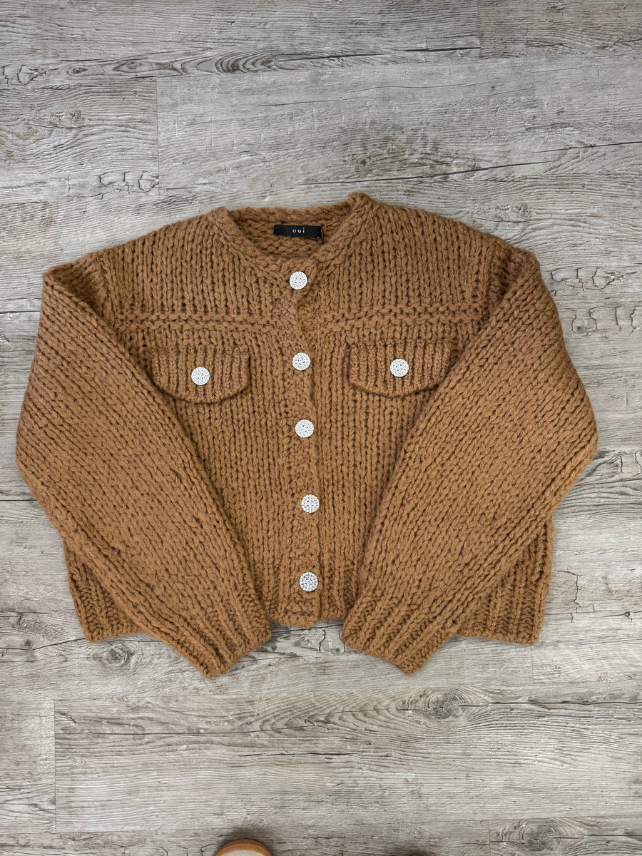 CAMEL CARDIGAN WITH SILVER BUTTON DETAIL