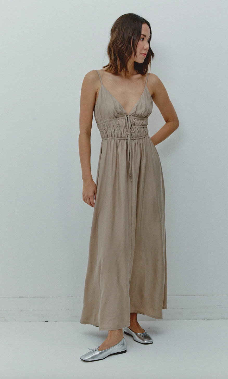 taupe ruched dress Ruched Tie Front Mini Dress