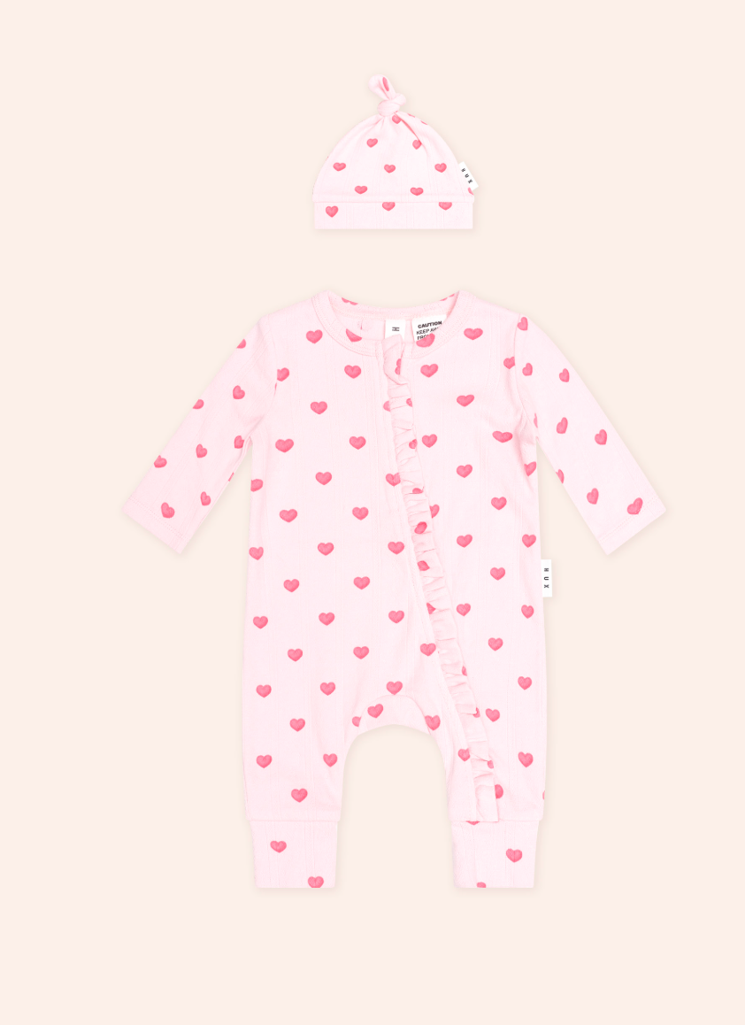 I HEART YOU POINTELLE FRILL ROMPER AND BEANIE