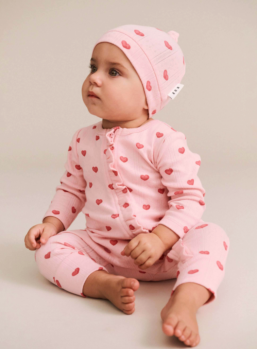 I HEART YOU POINTELLE FRILL ROMPER AND BEANIE