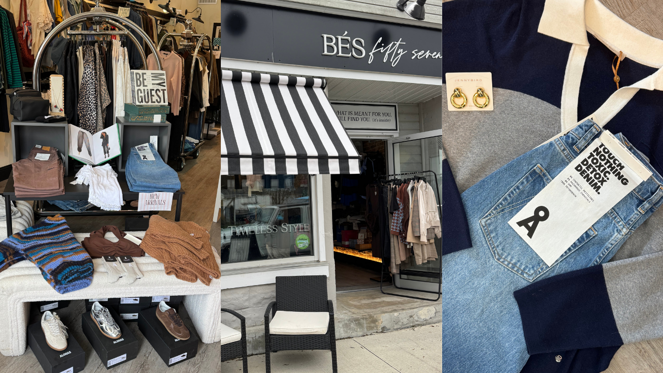 Collage of a clothing store interior, store exterior with striped awning, and close-up of a fall outfit