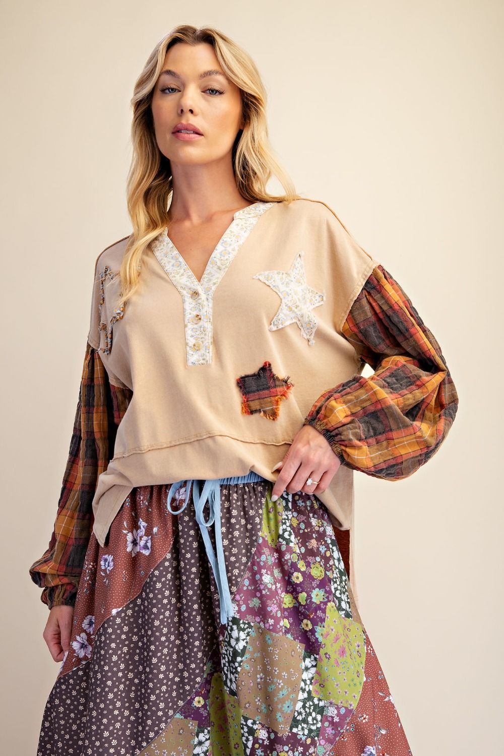STAR PATCH WATSHED COTTON KNIT TOP