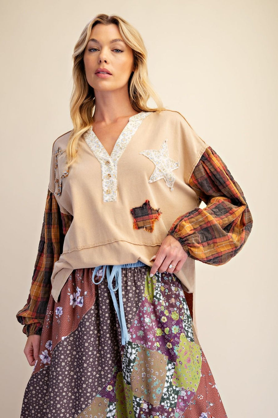 STAR PATCH WATSHED COTTON KNIT TOP